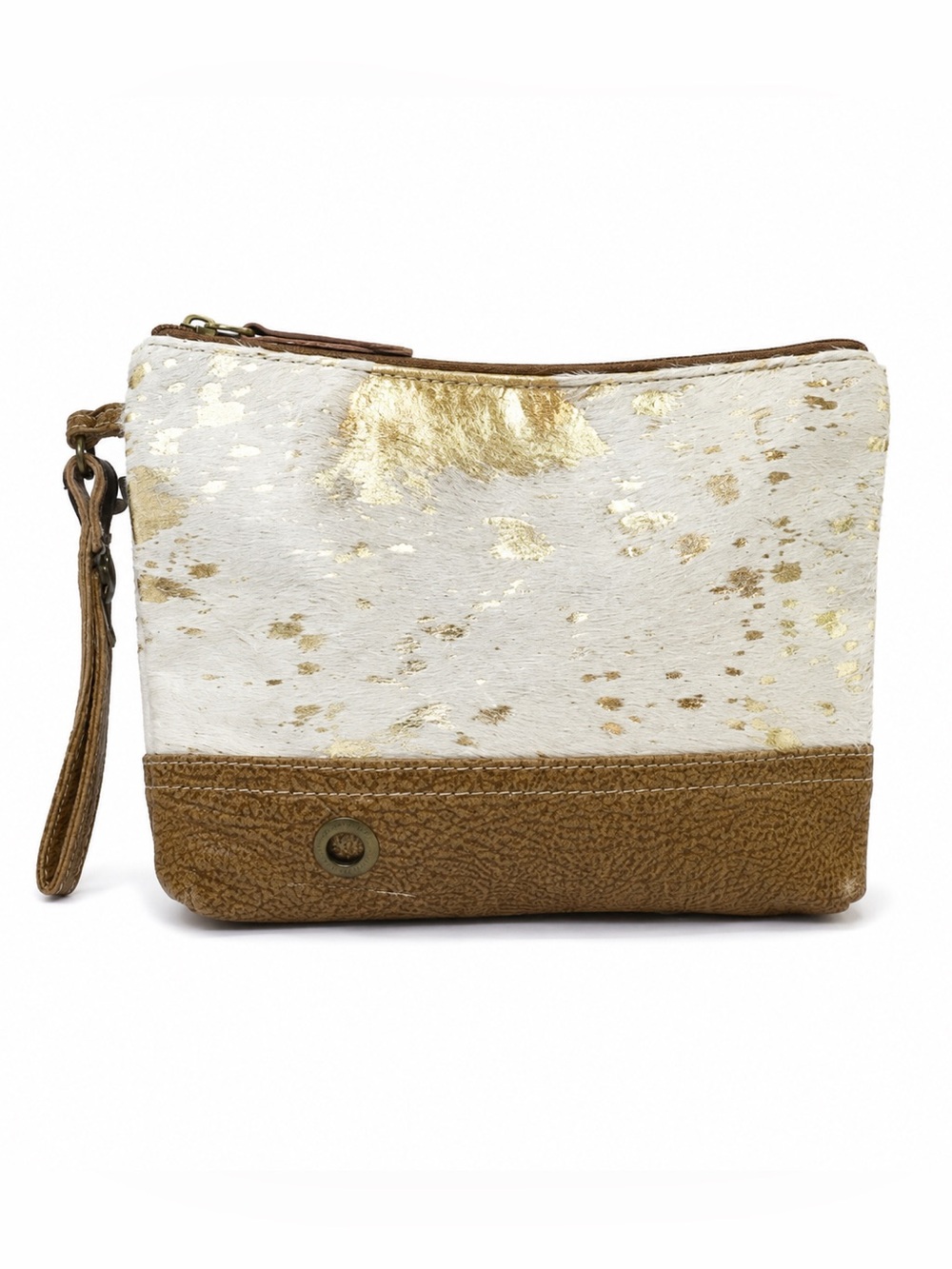MYRA BAG Women's Ivory & Tan Gold Accent Leather Cowhide Pony Print Wristlet